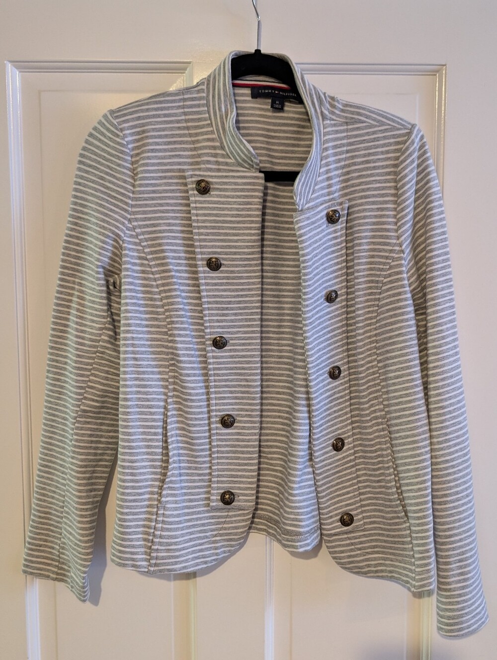 Tommy Hilfiger Gray and White Striped Military-Inspired Blazer